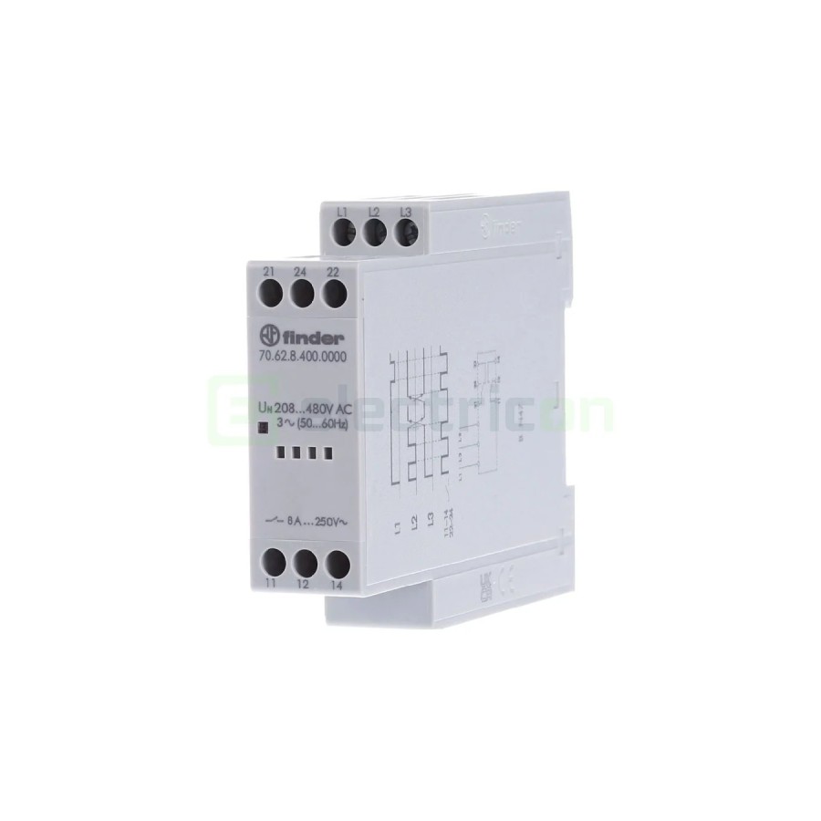 Releu control și monitorizare tensiune trifazat - reglabil 208-480VAC - 1ND 6A 1.5kVA - Finder 70.61.8.400.0000