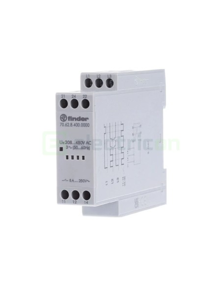 Releu control și monitorizare tensiune trifazat - reglabil 208-480VAC - 1ND 6A 1.5kVA - Finder 70.61.8.400.0000