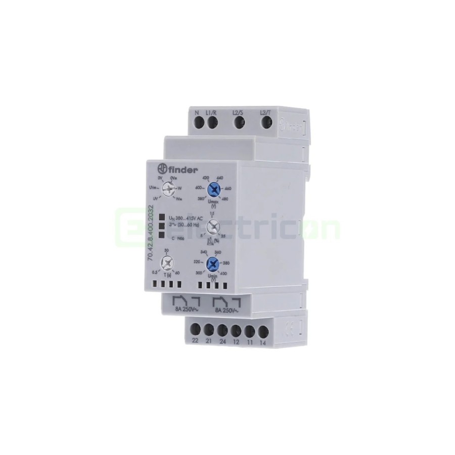 Releu control tensiune - trifazat cu nul - reglabil 300-480VAC - 2ND 8A 2kVA - Finder 70.42.8.400.2032