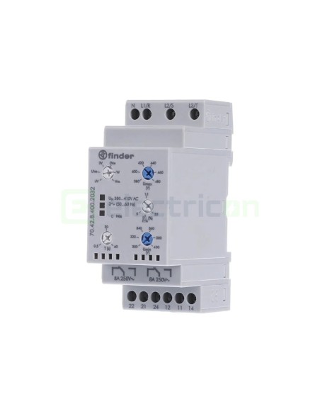 Releu control tensiune - trifazat cu nul - reglabil 300-480VAC - 2ND 8A 2kVA - Finder 70.42.8.400.2032