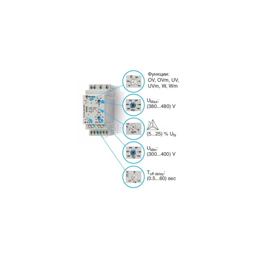 Releu control tensiune - trifazat cu nul - reglabil 300-480VAC - 2ND 8A 2kVA - Finder 70.42.8.400.2032
