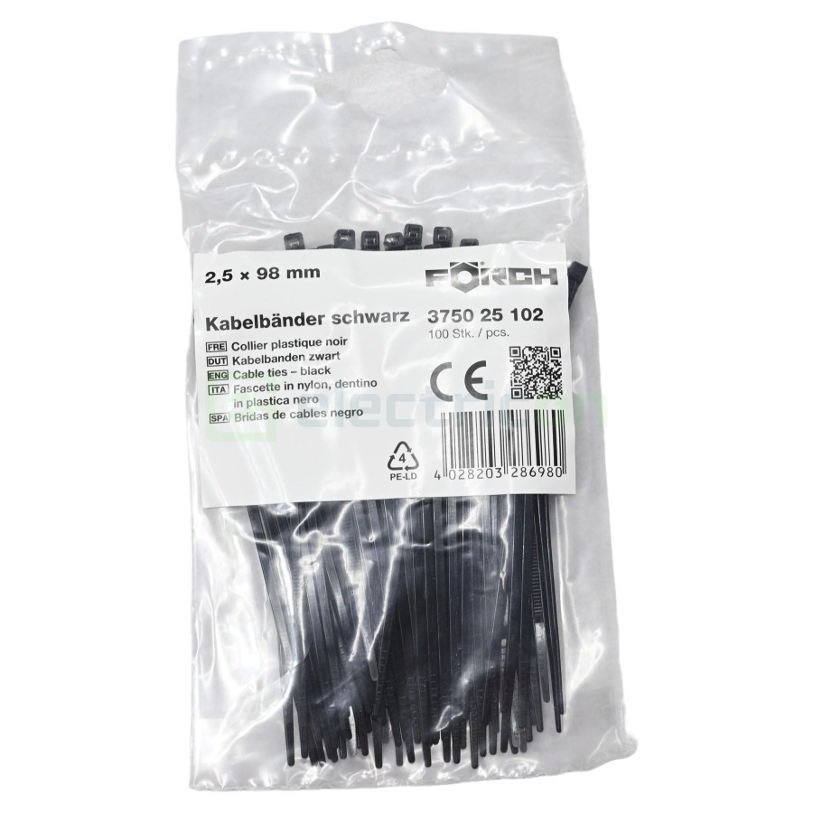 Fașete - coliere plastic - 98x2.5 mm - pachet 100 buc - negru exterior - Forch 3750 25 102