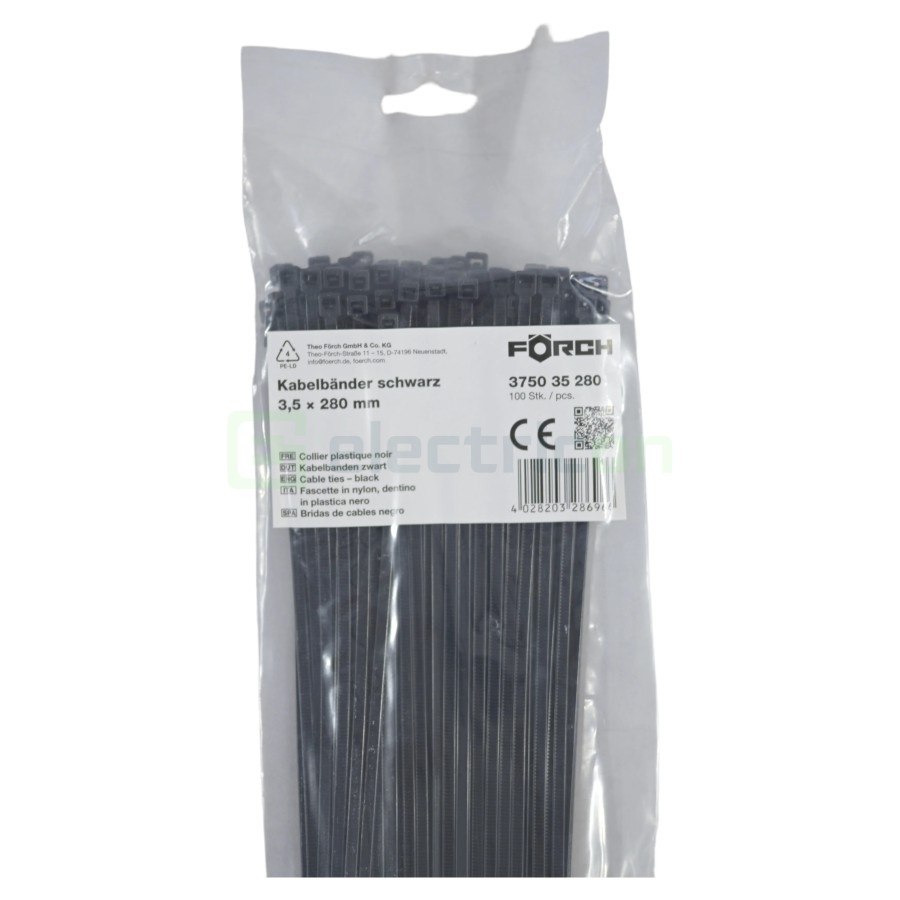 Fașete - coliere plastic - 280x3.5 mm - pachet 100 buc - negru exterior - Forch 3750 35 280