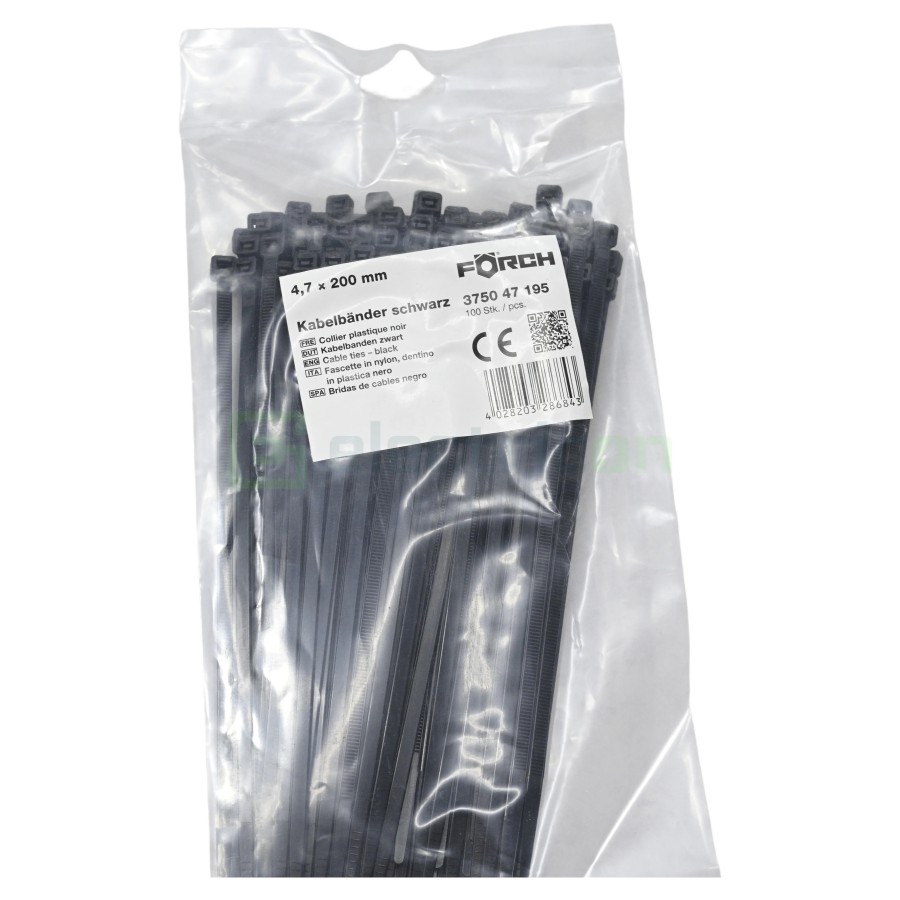 Fașete - coliere plastic - 200x4.7 mm - pachet 100 buc - negru exterior - Forch 3750 47 195