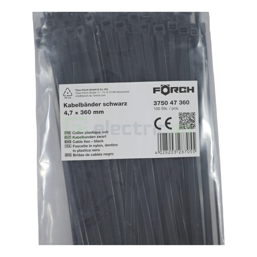 Fașete - coliere plastic - 300x4.7 mm - pachet 100 buc - negru exterior - Forch 3750 47 285