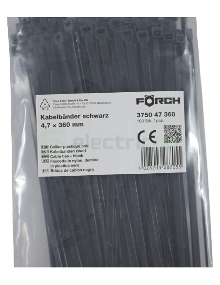Fașete - coliere plastic - 300x4.7 mm - pachet 100 buc - negru exterior - Forch 3750 47 285