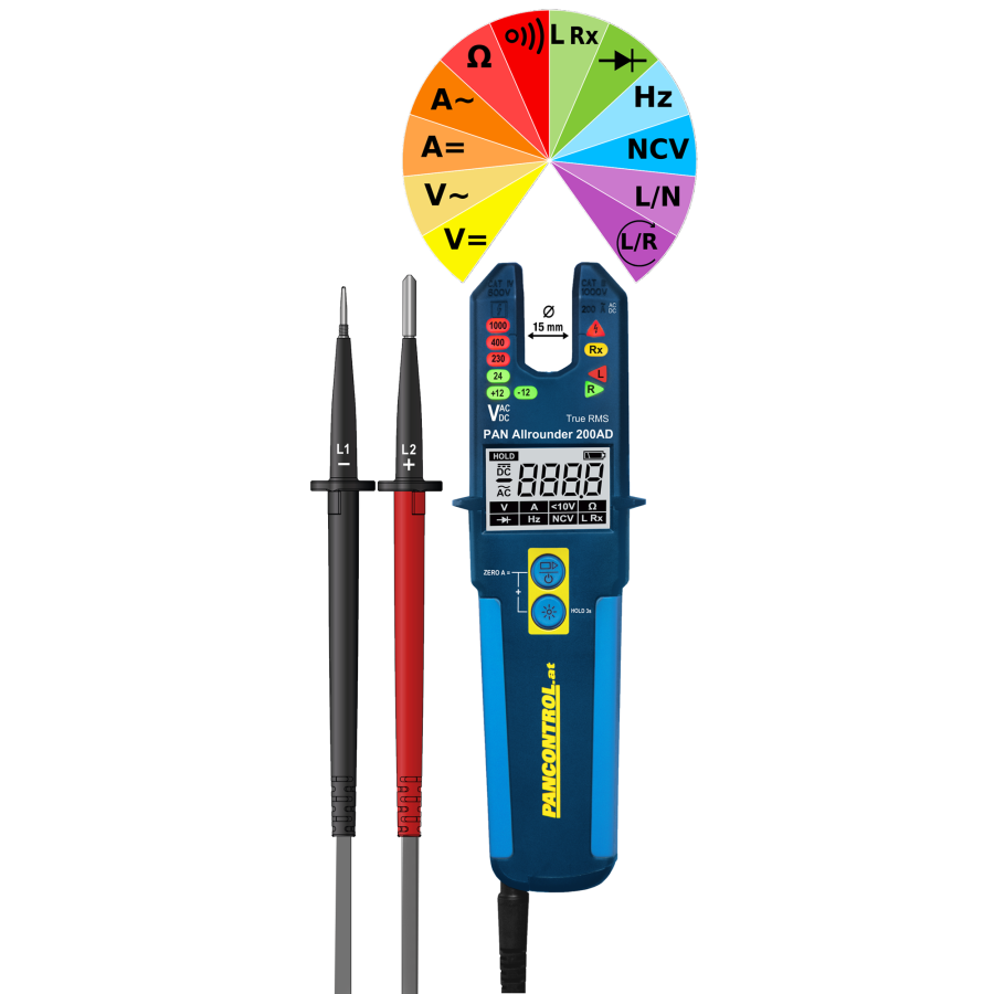 Tester fotovoltaice cu clește ampermetric - 200 A AC/DC, 1500 V DC - True RMS și NCV - Pancontrol AllRounder 200AD