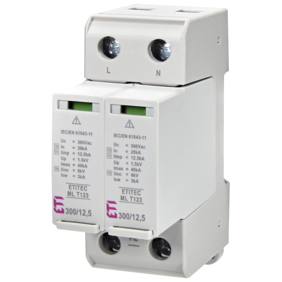 Descarcător supratensiune - SPD - Tip 1+2+3 1P+N TT/TNS 12.5kA/40kA 300VAC 2M - ETI 002440669