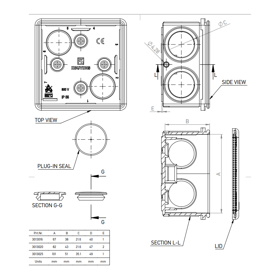 Doză ramificație aparentă IP55 - cu capace de etanșare - Ø20/16 mm - 82x82x43 mm - Cutie conexiuni Kouvidis 3013020