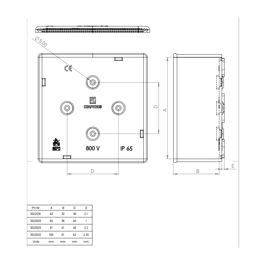 Doză ramificație aparentă IP65 - fără garnituri de etanșare - Ø20 mm - 82x82x43 mm - Cutie conexiuni - Kouvidis 3022020