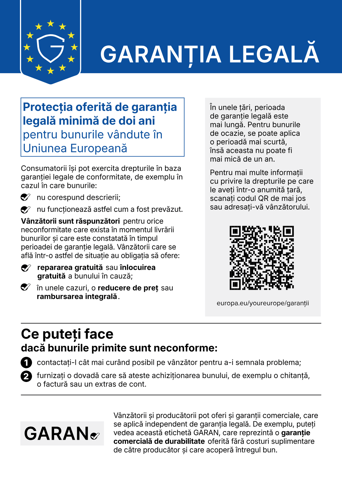 Avizul armonizat al UE privind garanția legală de conformitate: protecția oferită de garanția legală minimă de doi ani pentru bunurile vândute în Uniunea Europeană.